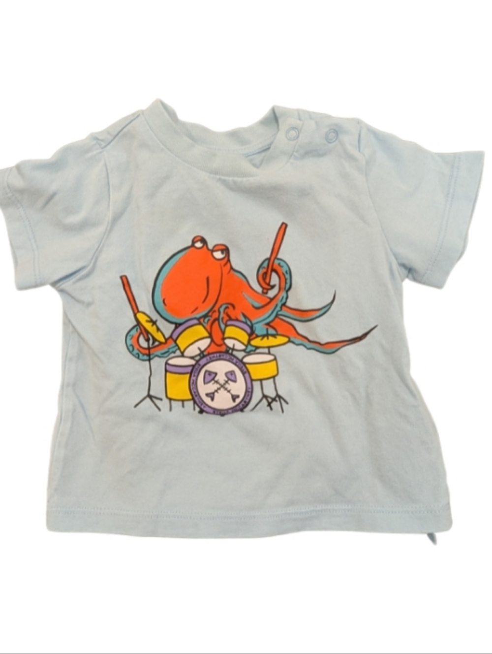 Stella McCartney Light Blue Tee with Orange Octopus Drum Graphic